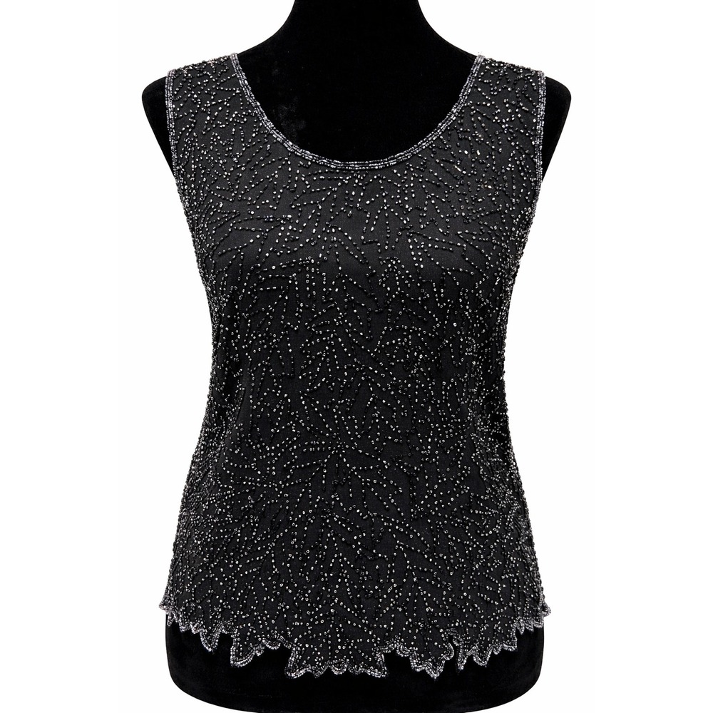 JKara Womens Sleeveless Scoop Neck Evening Wear Blouse Large Black Beaded